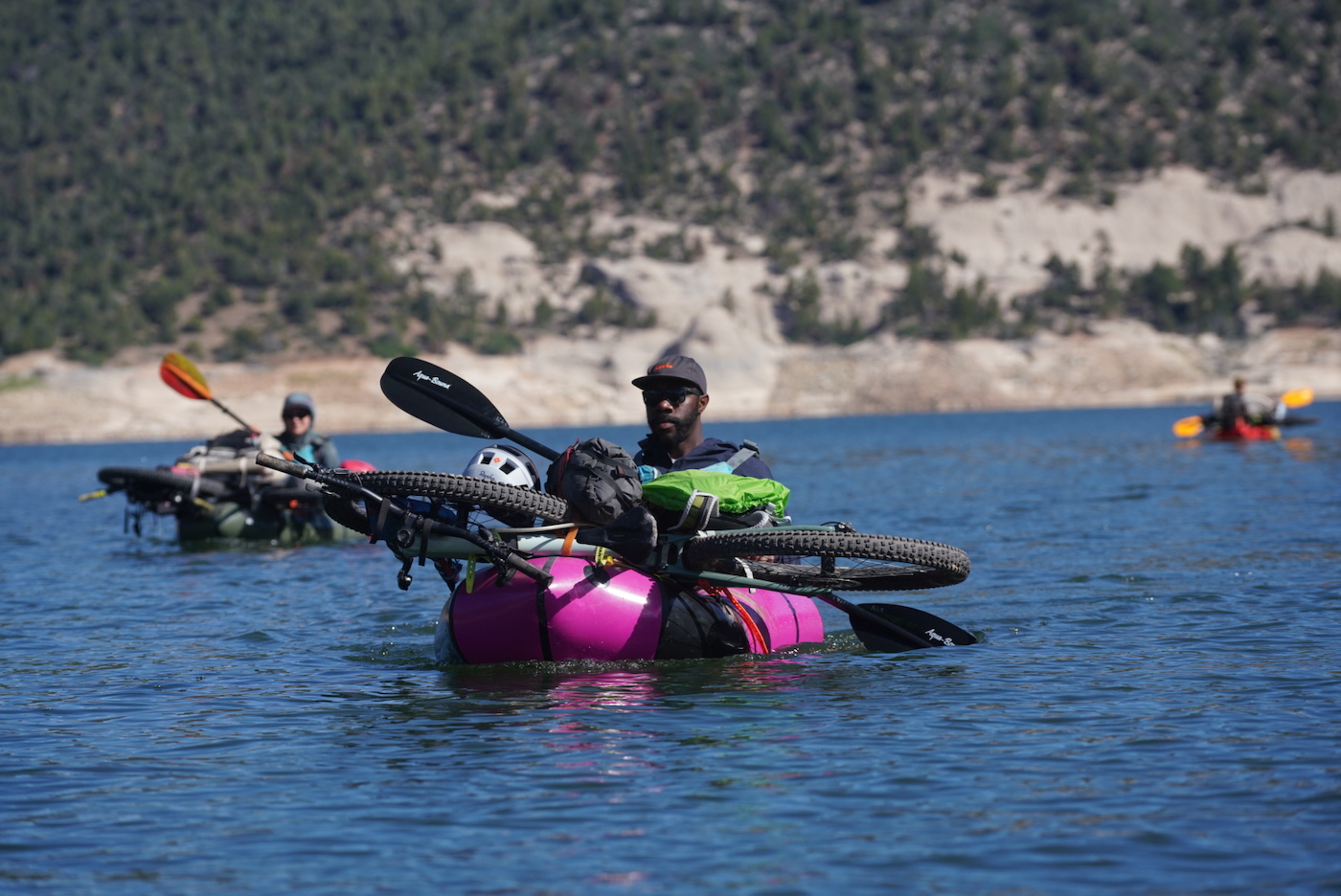 Bikerafting McPhee Reservoir. Tracy Brown on his first bikeraft adventure.