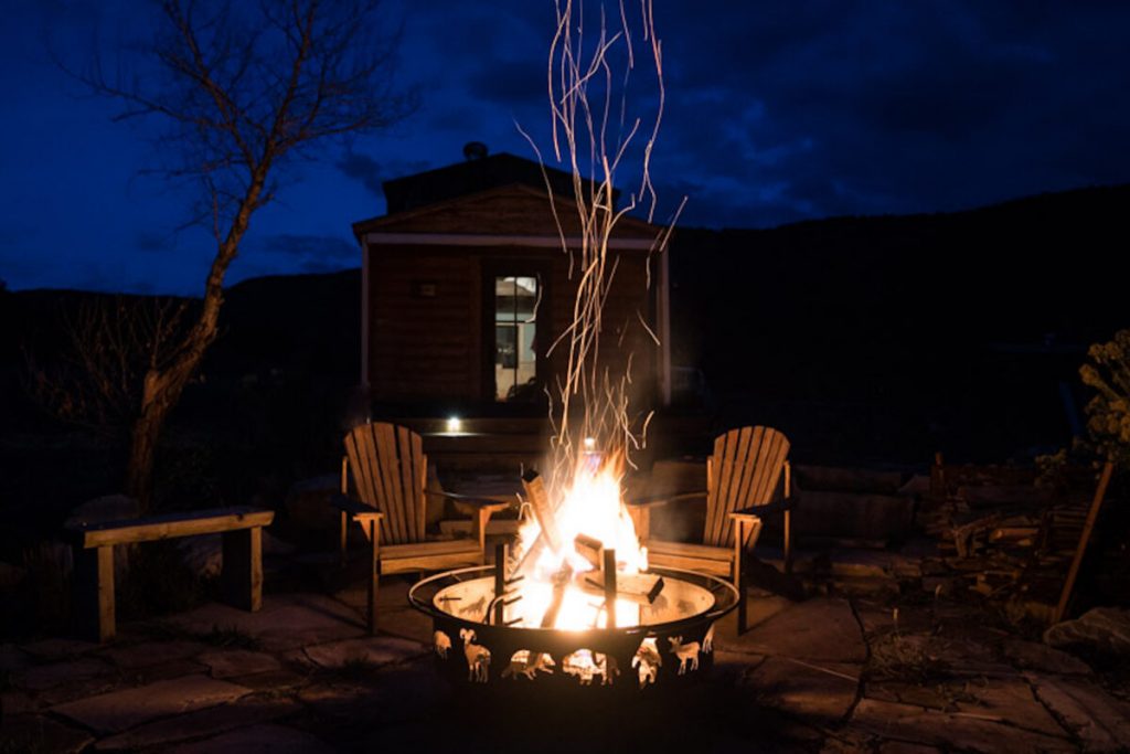 The Scullbinder Ranch cabin at night.